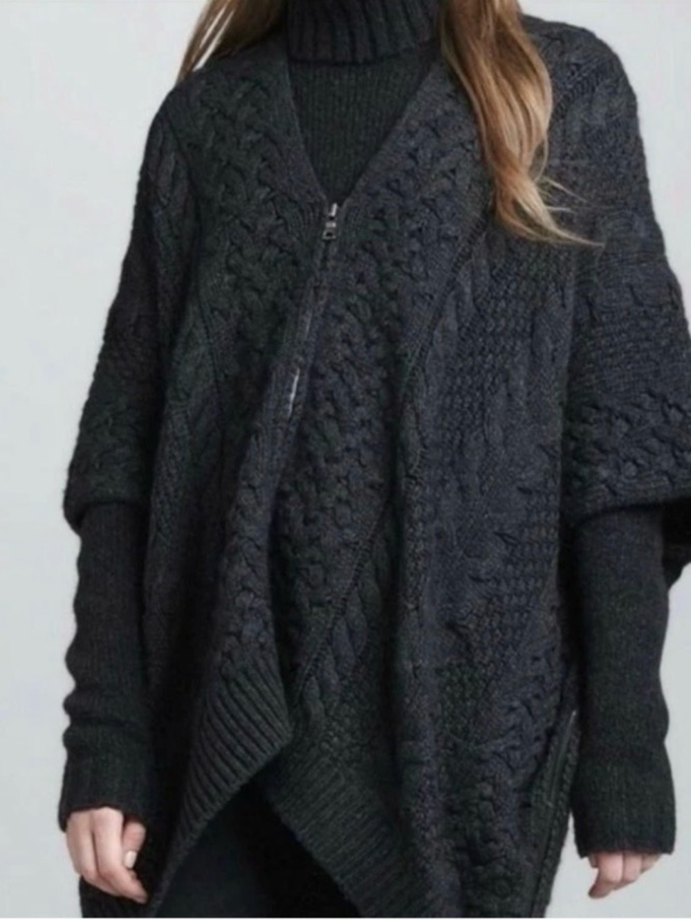 EUC Vince Charcoal Cable-Knit Oversized Zip Poncho Yak & Wool Blend